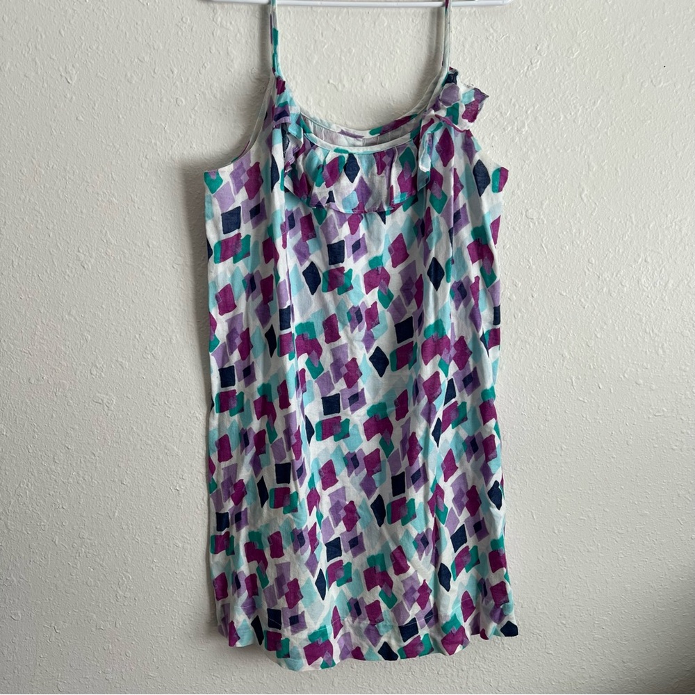 Sleeveless Geometric Print Slip Dress - White, Teal & Purple